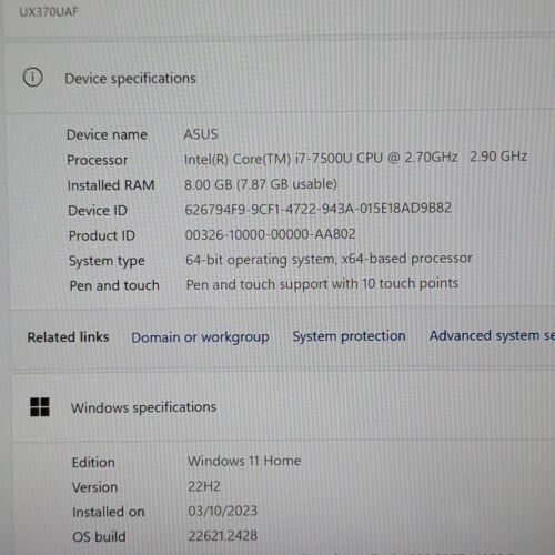 Asus ZenBook 360° Flip UX370U, i7, 13"3' , Win 11 , 512GB M2 SSD, 8Gb DDR4 RAM - Picture 14 of 24