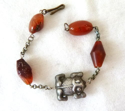 Artisan Vintage Rustic Style Carnelian Linked Bracelet Sterling Silver Frog 8.5"