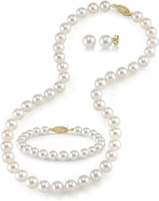 The Pearl Source 14K Gold Pearl Jewelry Set for Women - Freshwater Pearl Necklac