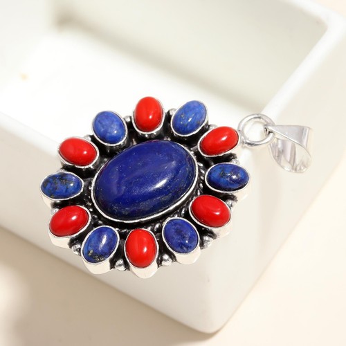 Lapislázuli, colgante de plata de ley 925 con piedras preciosas de coral rojo para regalo de mamá - Imagen 3 de 4