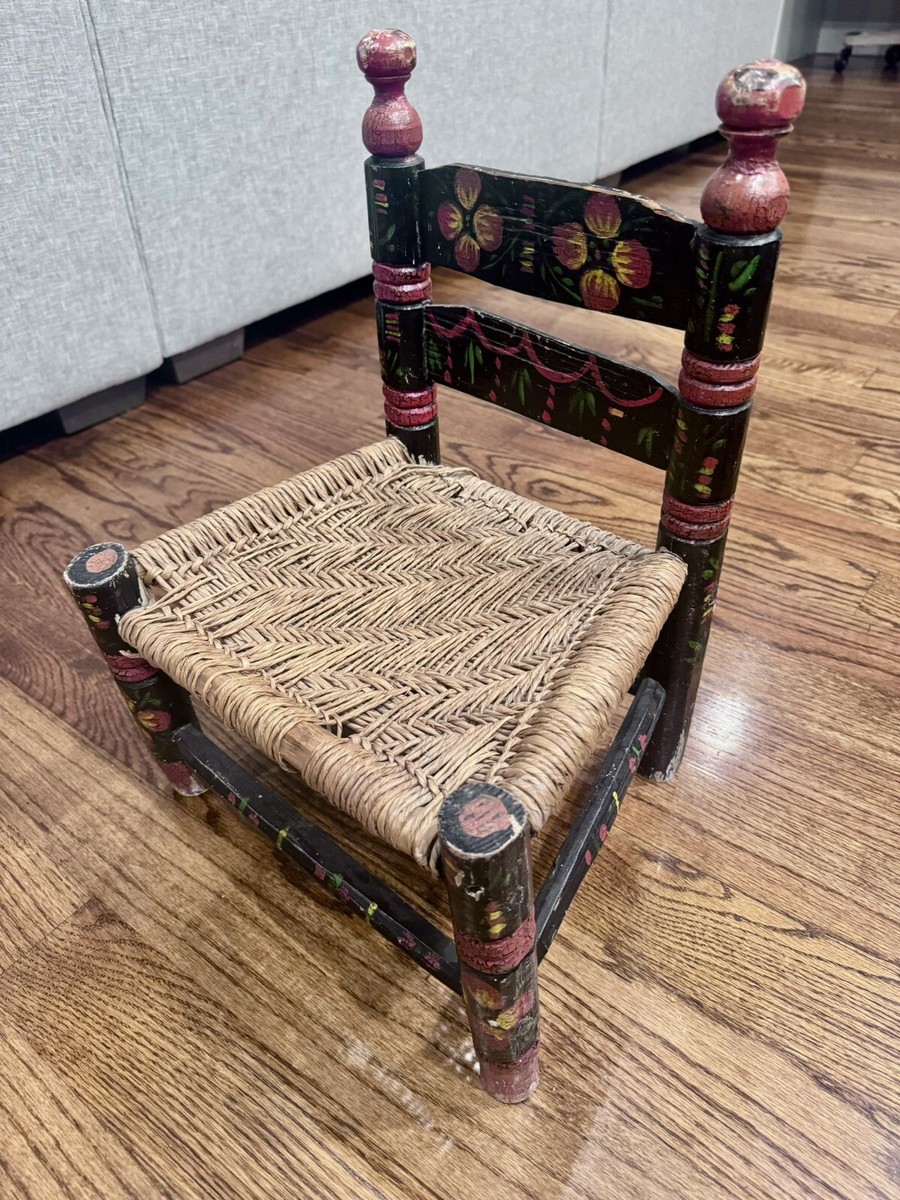 Vintage Hand Painted Child's Chair Mexican Folk Art Wicker Woven