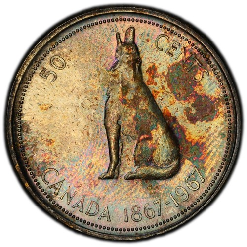 MS65 1967 50C Canada Silver Wolf Dollar, PCGS Trueview- Pretty Rainbow Toned