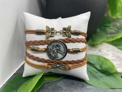 St. Michael Braided Multi-Layer Woven Rope Wrap Bangle Charm Bracelet New A4263