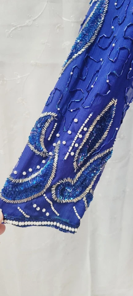 Vintage Stenay Blue Silk Pearl Beaded Sequin Dress Sleeves Cocktail Formal 8 - Image 4 of 4