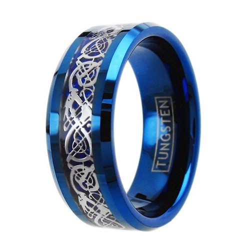 8mm Tungsten Carbide Blue Ring Celtic Dragon Blue Carbon Fibre Men's Jewelry - Picture 7 of 8