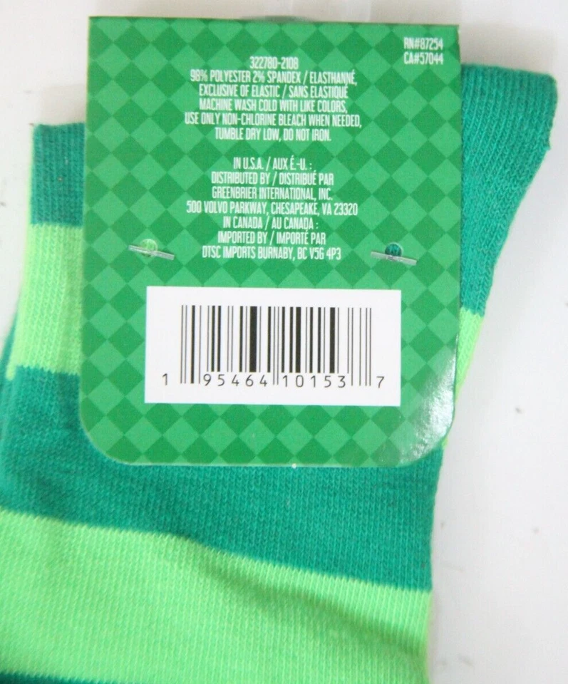 全新 St Patrick's 袜子 绿色条纹扣 聚酯 弹性纤维 尺寸 5-9 BB478 — 第 4/4 张图片