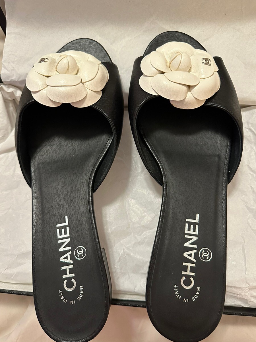 Chanel Camellia Black Leather Slides, Low Heel, Size 40 | eBay