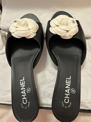 Chanel Camellia Black Leather Slides, Low Heel, Size 40