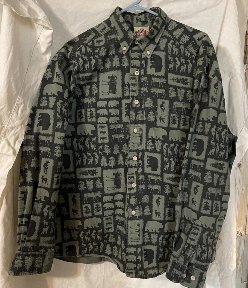 Camisa Verde Barn Fly Auténtica Alce Árboles 100% Algodón Mangas Largas Botón Delantero Foto 2 de 4