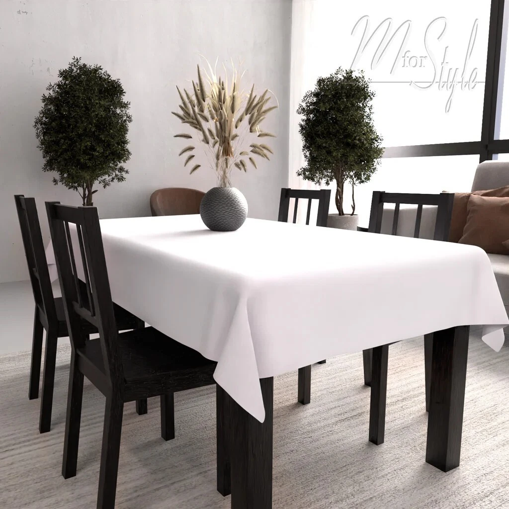 White rectangular water resistant polyester tablecloth on dining table