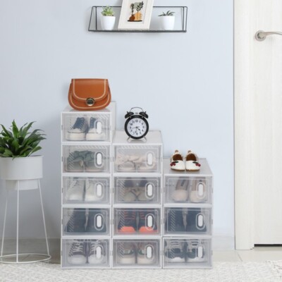 12 PCS Foldable Plastic Transparent Shoe Box Storage Clear Organizer Stackable