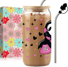 Halloween Ghost Glass Cups with Lids and Straws 16oz, Skull Coffee Mug, Party