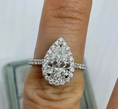 2Ct Pear Cut Real Moissanite Halo Women's Engagement Ring 14k White Gold Plated