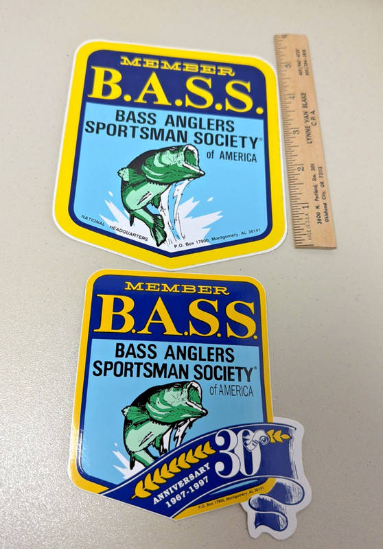 Lot Of 2 Vintage "NOS" B.A.S.S. Member Stickers - 1 Boat Size - 1 30th Annv.
