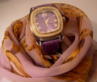 Joan Rivers Classics Purple MOP Dial Crystals Wristwatch Purple Leather Strap