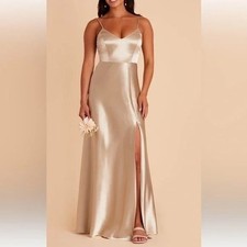 Birdy Grey Gold Satin Formal Spaghetti Straps Side Slit Gathered Waist Elegant M