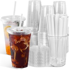 100-Pack 20oz Clear Plastic Iced Coffee Cups with Lids and Straws, Leak-Proof...