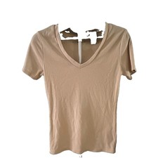 Womens Beige Ribbed Knit V-Neck Short Sleeve T-Shirt Size L Cotton Blend