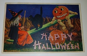 RARE 1910 Antique Halloween Postcard Witch & Pumpkin Man on Teeter Totter w/Cat