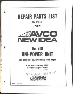 Avco New Idea No. 709 Uni-Power Unit Repair Parts List Manual US-55 1980