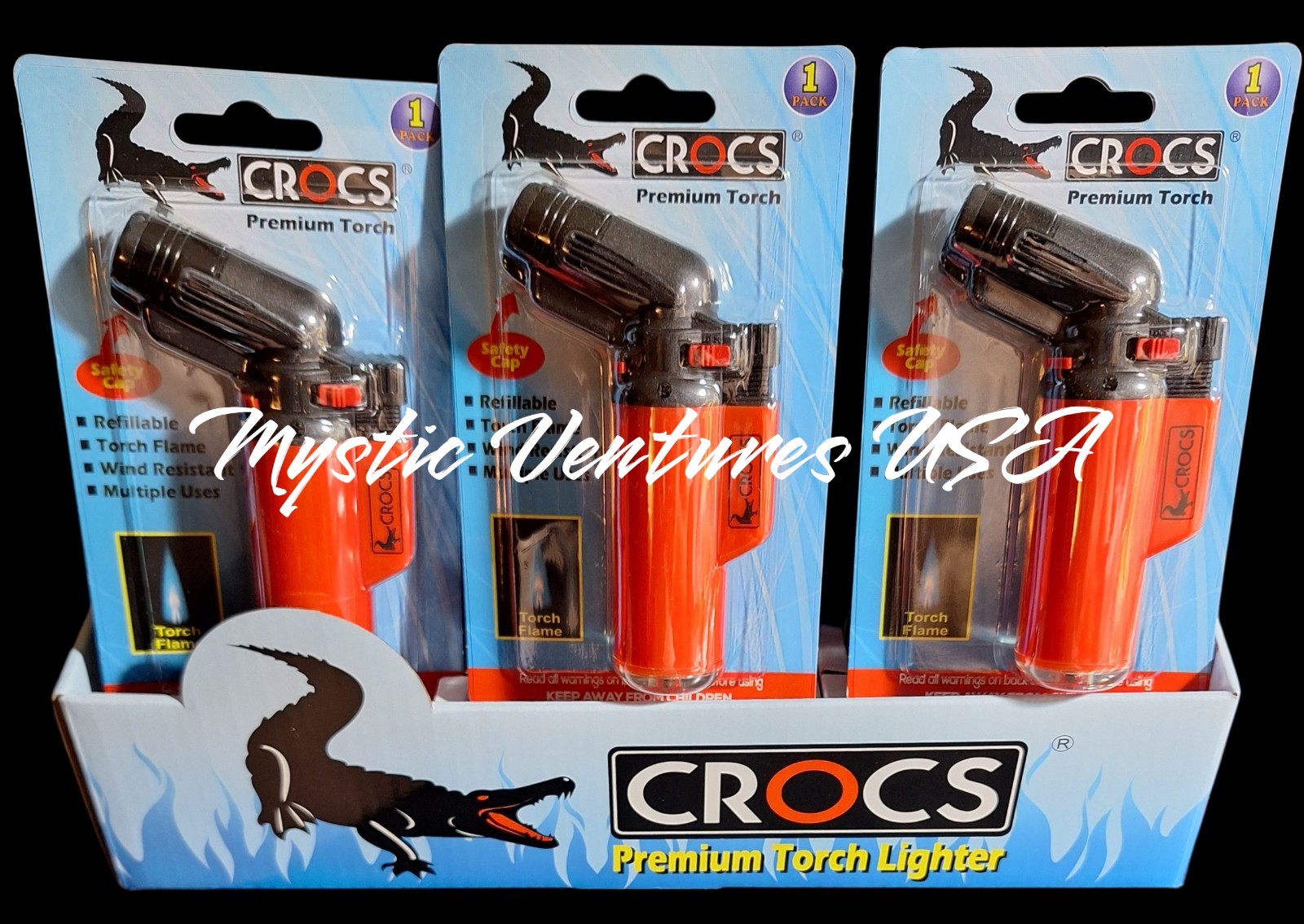 3 Pk Crocs Premium Torch Butane Flame Lighter Wind Resistant Refillable USA NEW