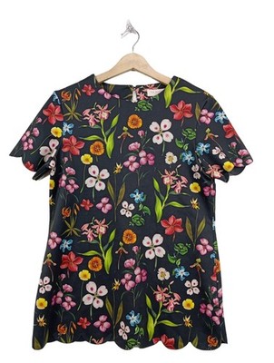 TED BAKER Kurzarm-Bluse Damen Bluse Gr. DE 36 schwarz-pink-grün Casual-Look