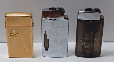 Lot of 3 Vintage Scripto Flip Top Metal Gold + Silver Metal + Plastic JGBx26