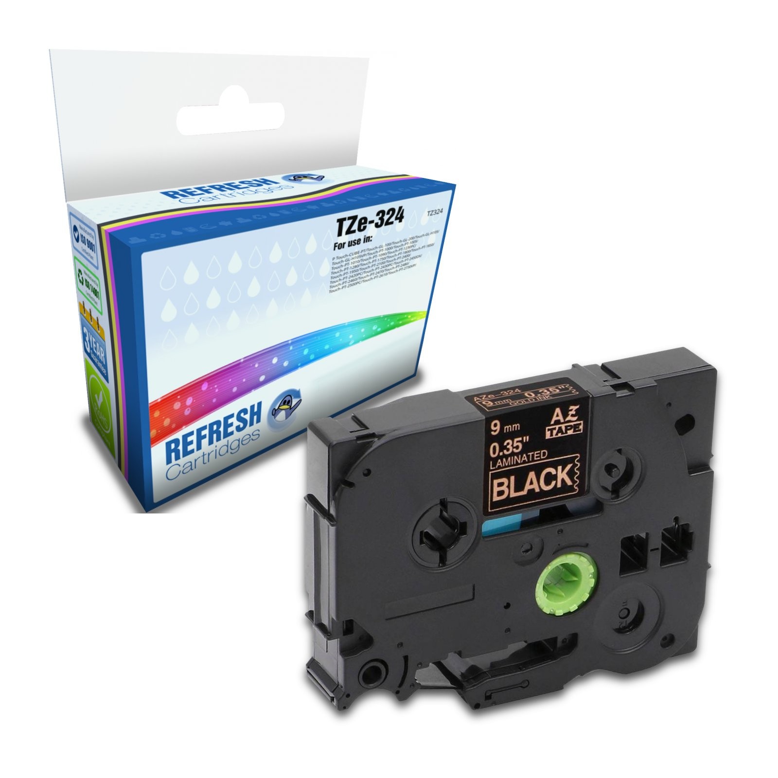 Refresh Cartridges TZe-324 9mm Gold On Black Label Tape For Brother P-Touch