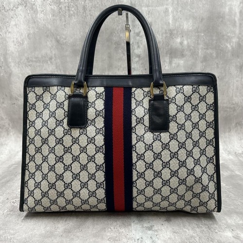 Gucci Tote Bag GG Supreme Sherry Line PVC Pelle Navy Usata Autentica Ottima GIAPPONE - Foto 3 di 24