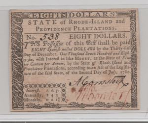 1780, Rhode Island Colonial 8 Dollars, FR# RI-288 - Ungraded