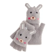 NWT World Market Gray Bunny Eyelash Knit Convertible Gloves Mittens