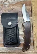 Vintage 1980s Maxam Japan Wood Handle Folding Knife Black Leather Sheath 