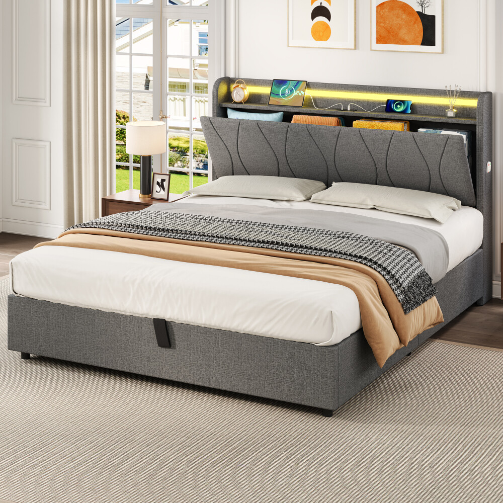 4FT6 Double Upholstered Bed Frame with Hydraulic Storage LED
