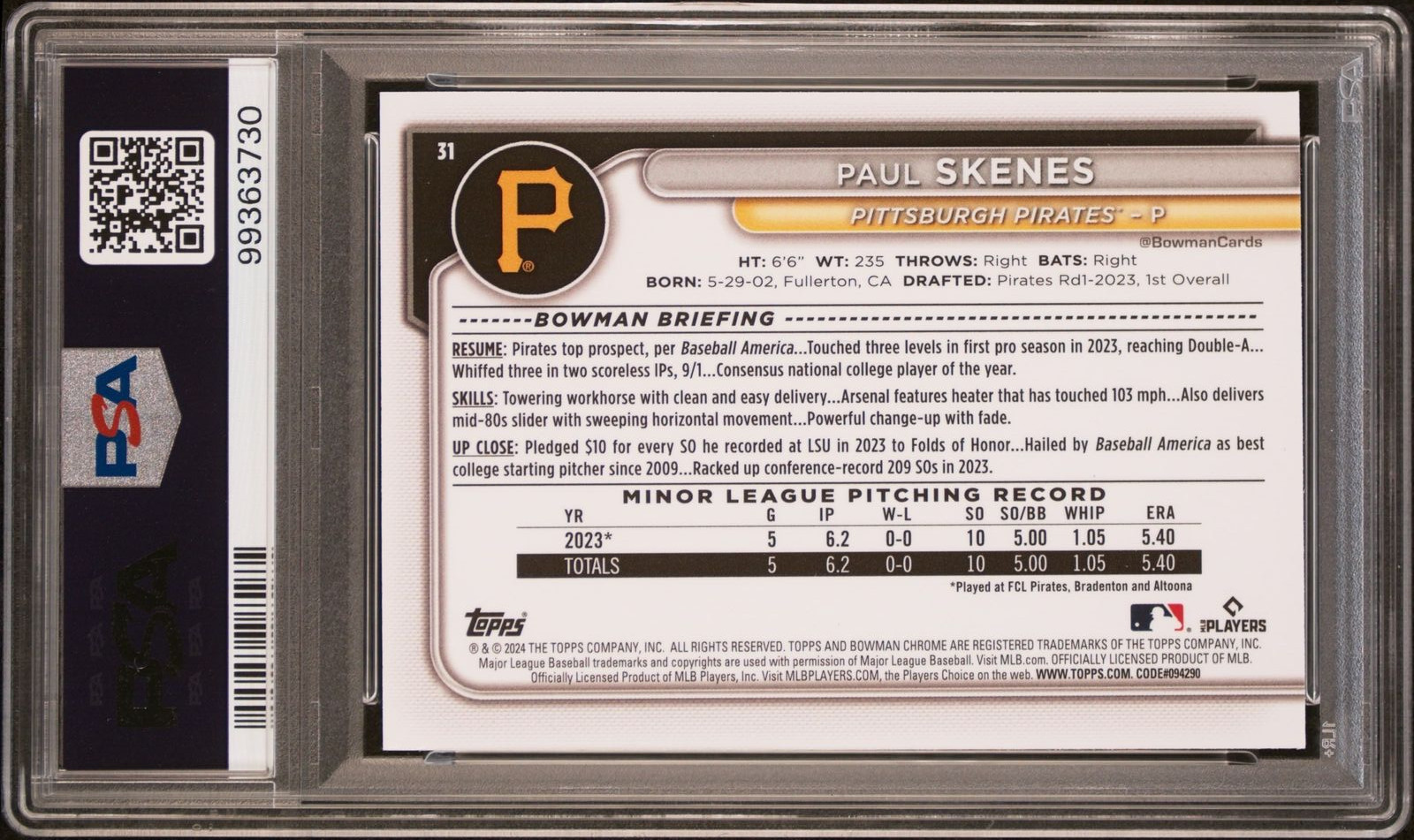 PSA 10 PAUL SKENES 2024 Bowman Mega Box Chrome Mojo Refractor Rookie RC GEM MINT view 3