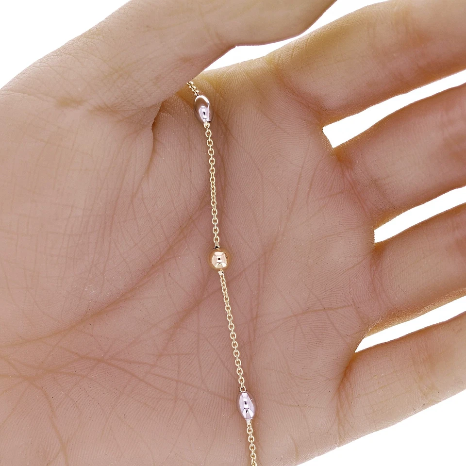 Italian 14k Yellow & White Gold Oval & Round Station Bracelet 7.5" 5mm 2.4 grams - Image 3 of 4