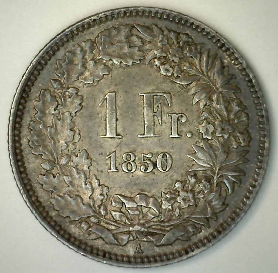 1850 A Silver Switzerland 1F XF Swiss Helvetia Franc Rare Coin Extra Fine - Image 2 of 2