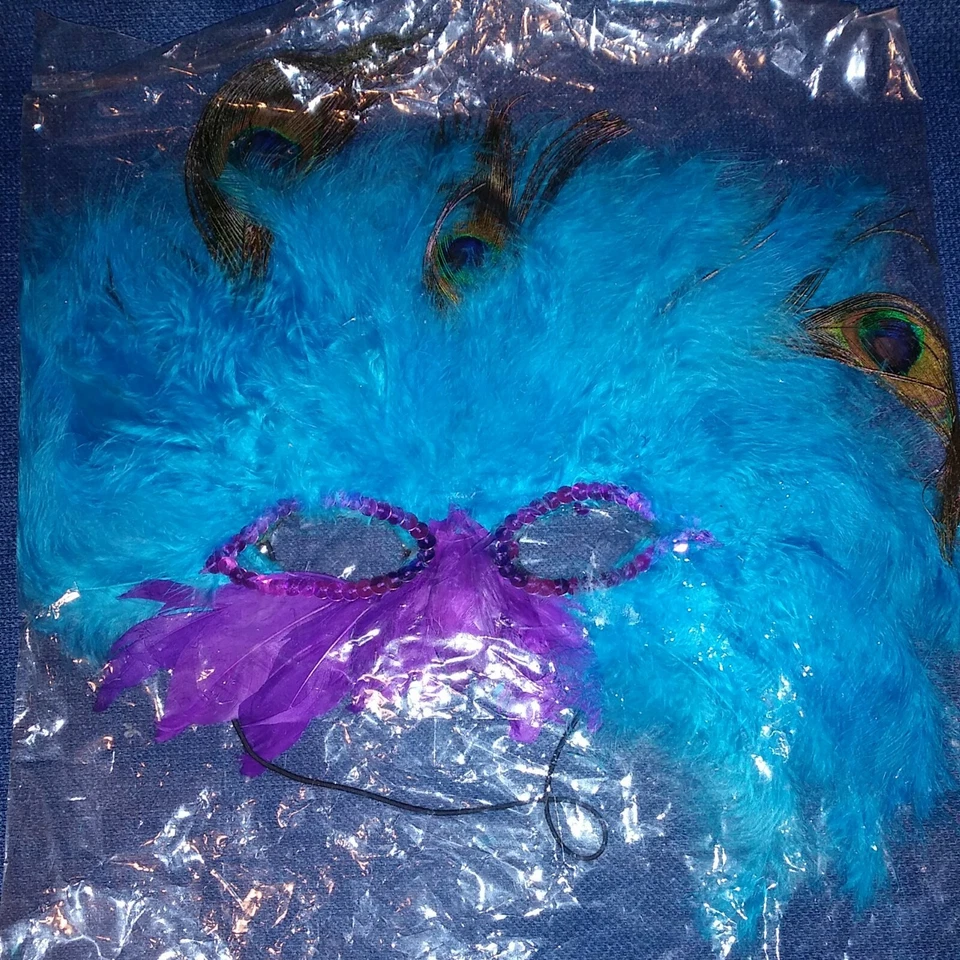Mardi Gras Masquerade Mask Peacock Feathers Blue Purple Sequin Costume Party New - Image 4 of 4