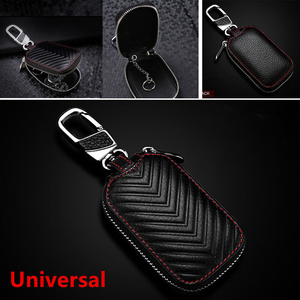 1PC Universal Black Leather Car Key Chain Cover Holder Key Fob Case Bag For  Cars