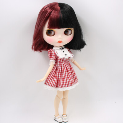 12'' Blythe doll Nude Burgundy mix Black hair Carved lips dudu mouth Joint body