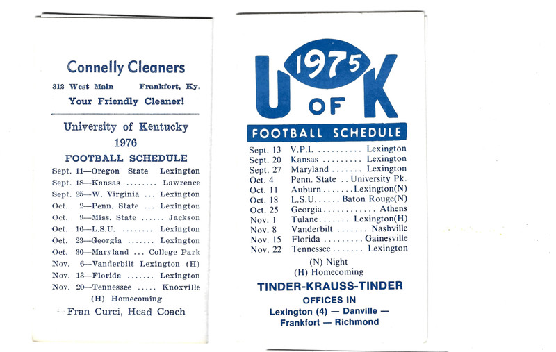 Kentucky Wildcats 1975 & 1976 NCAA College football schedule - w/ BKB *HTF* 