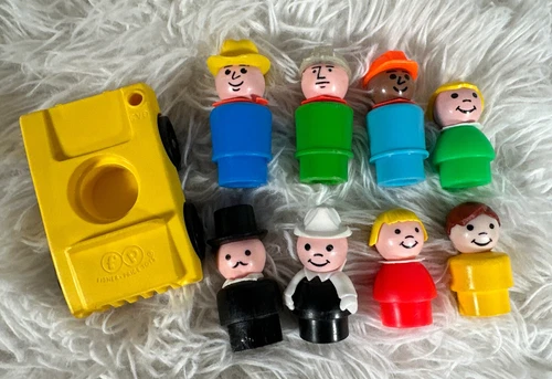 Fisher Price Vintage Little People Lot of 8 Figures & Yellow Car (1970’s-1980’s)