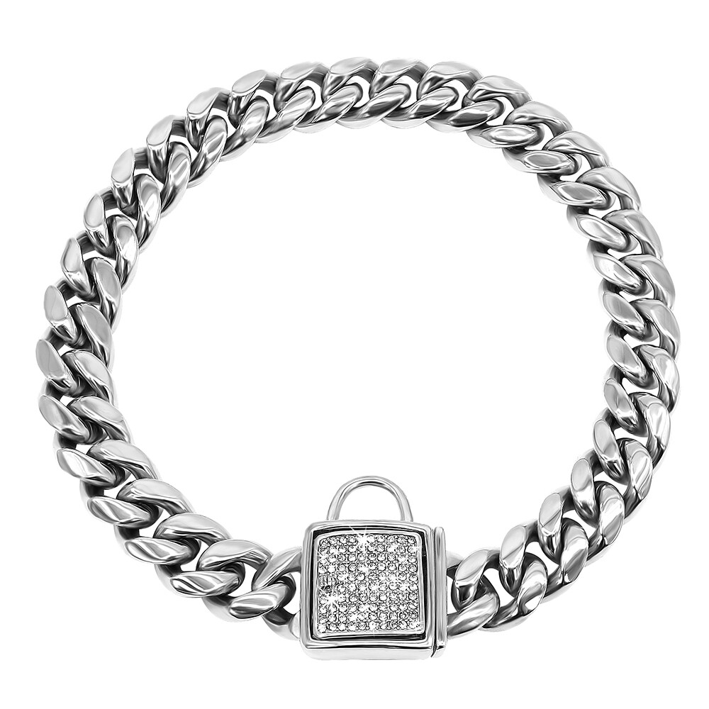 Luxury Dog Cat Chain Collar Bling Rhinestone Stainless Steel Necklace