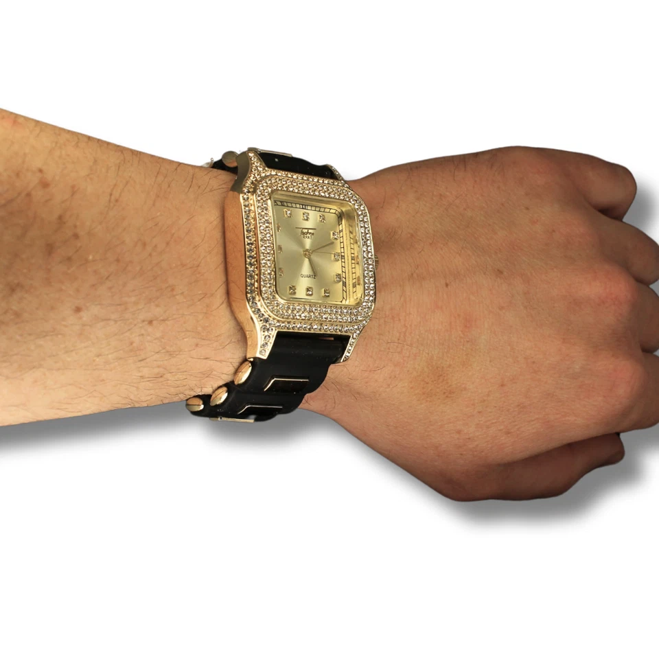 Reloj de lujo de cuarzo con correa de goma enchapada en oro analógico de 40 mm con bisel cuadrado de 2 filas para hombre Foto 3 de 4