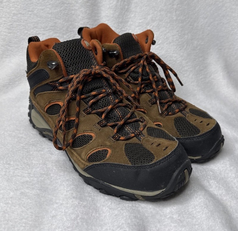 Merrell Refuge Core Mid Brown Leather Orange Outdoor Hiking Boots Mens US 9.5