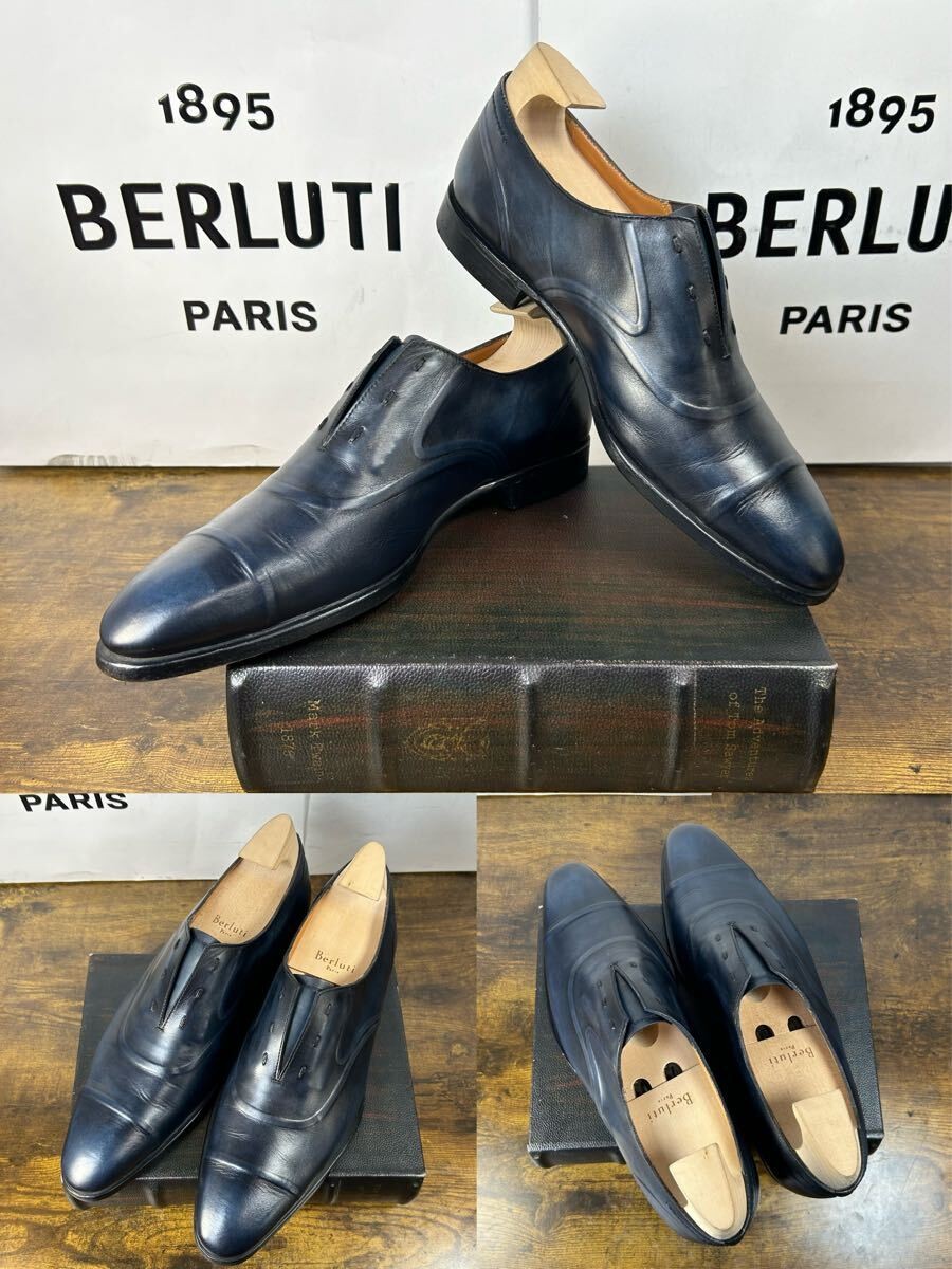 Berluti Victor Patine Leather Slip-On Shoes Blue UK9 Rare Masterpiece image 4