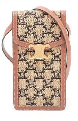 Celine Triomphe Straw Leather Shoulder Bag Beige Brown Used