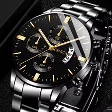 Men’s Geneva Luxury Style Watch Black Gold Dial Stainless Steel Bracelet