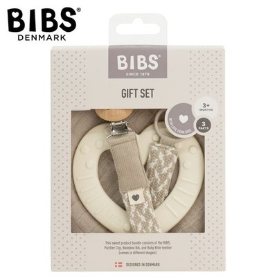 BIBS- Baby Geschenke Set Schnullerclip Beißring Schmusetuch Cremefarbend   