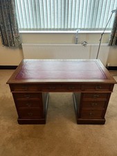 Antique Style Captains Bankers Desk Red Leather Twin Pedestal Partners #44