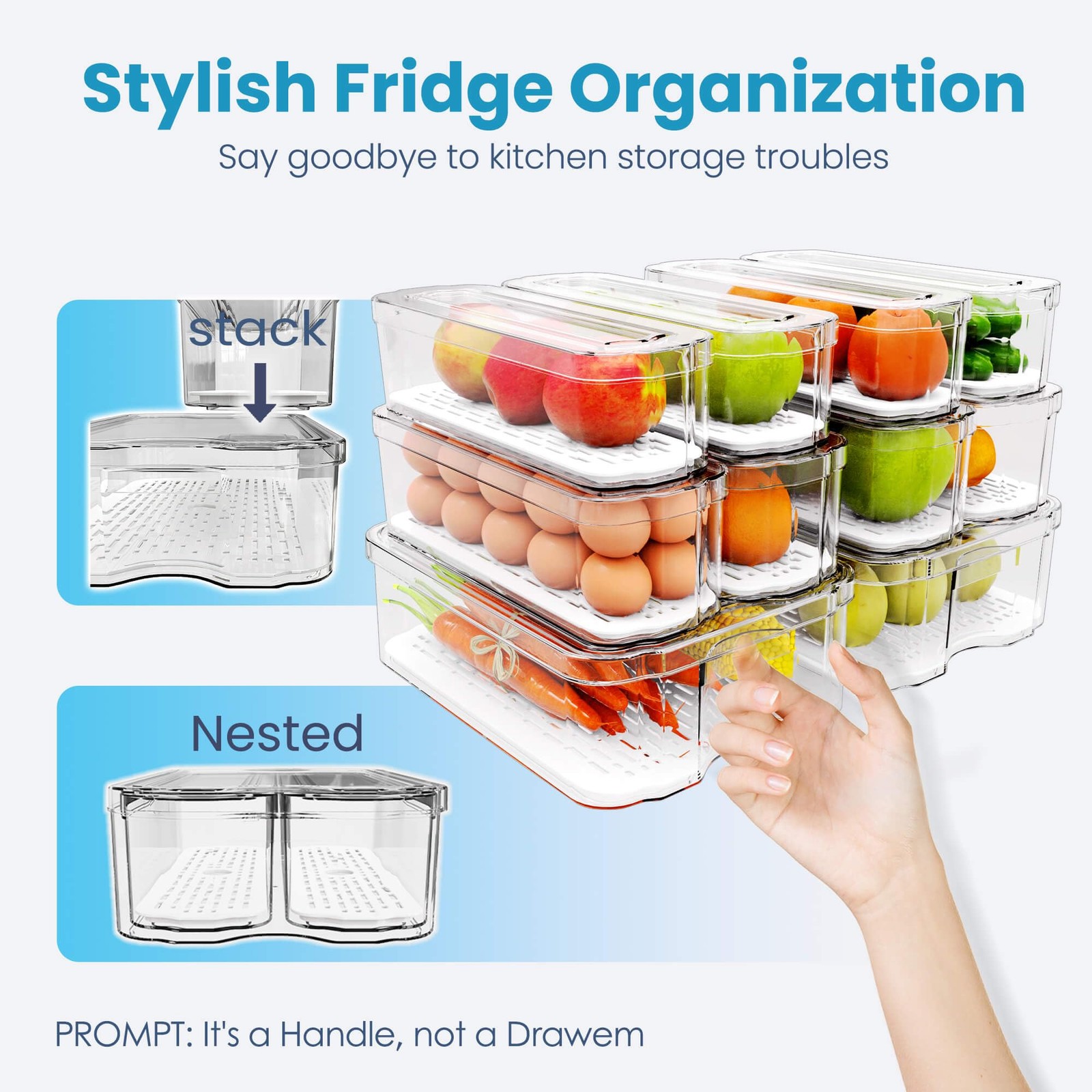 Fridge Organizers and Storage, 10 Pack Organizer Bins with Lids, Stackable St...